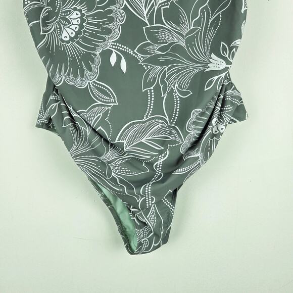 Cupshe Floral Print Shirred Cutout One Piece Swimsuit in Olive Sage Green Sz XL - Picture 4 of 9
